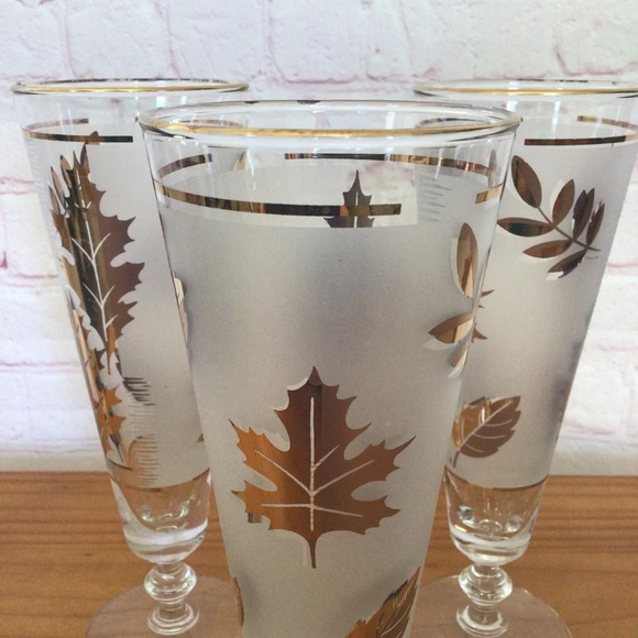 Vintage Libbey Frosted Golden Foliage Pilsner Beer Wine Glasses - Set of 6 - Picture 3 of 8